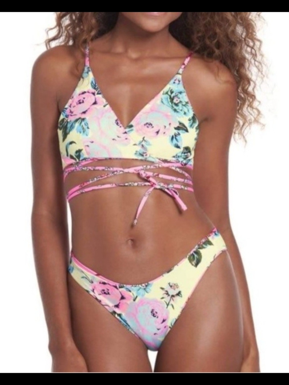 Maaji New L Floral Lace-Up Bikini Set in Pastel Yellow & Pink